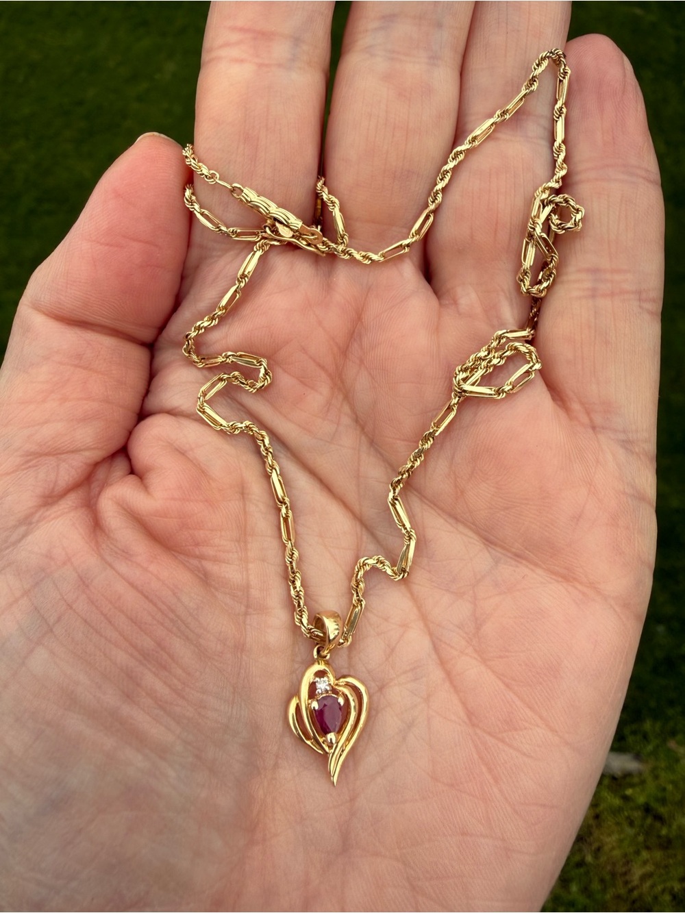 14K Gold Pink Sapphire Double Swirl Heart Pendant on Rope Chain